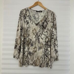 Susan Graver‎ Weekend Snakeskin Print Lace Trim V-Neck Top XL Grey Tan Animal